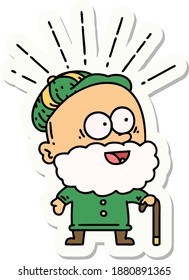 sticker of a tattoo style happy old man with walking stick