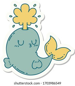 sticker of a tattoo style happy squirting whale character