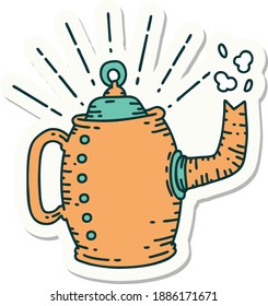 sticker of a tattoo style old coffee pot steaming