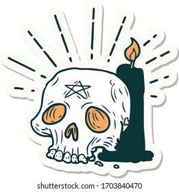 sticker of a tattoo style spooky skull and candle