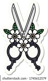 sticker of tattoo in traditional style of barber scissors and flowers