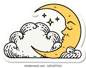 sticker of tattoo in traditional style of a crescent moon and clouds