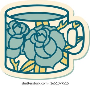 sticker of tattoo in traditional style of a cup and flowers