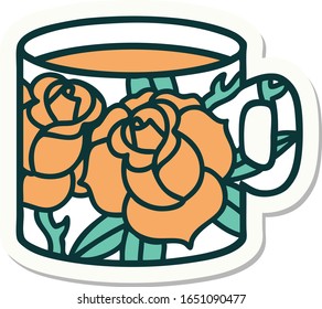 sticker of tattoo in traditional style of a cup and flowers