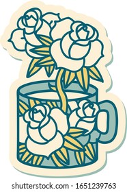 sticker of tattoo in traditional style of a cup and flowers