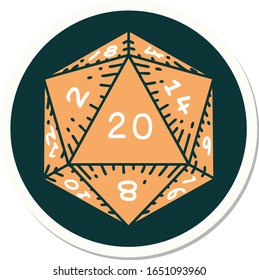 sticker of tattoo in traditional style of a d20 dice