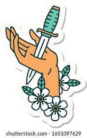 sticker of tattoo in traditional style of a dagger in the hand