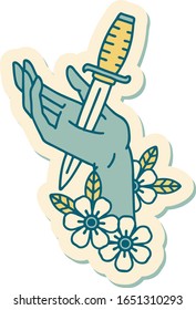 sticker of tattoo in traditional style of a dagger in the hand