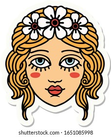 sticker of tattoo in traditional style of female face with crown of flowers