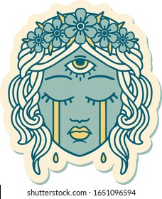 sticker of tattoo in traditional style of female face with mystic third eye crying