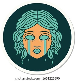 sticker of tattoo in traditional style of female face crying