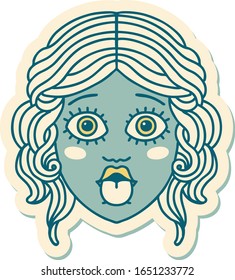 sticker of tattoo in traditional style of female face sticking out tongue