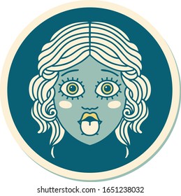 sticker of tattoo in traditional style of female face sticking out tongue
