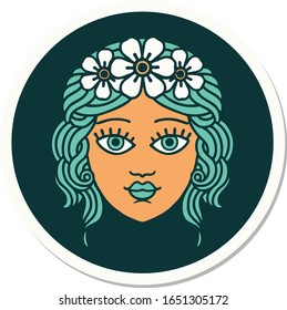 sticker of tattoo in traditional style of female face with crown of flowers