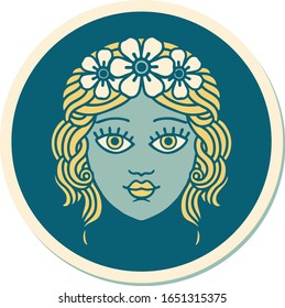 sticker of tattoo in traditional style of female face with crown of flowers