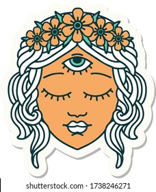 sticker of tattoo in traditional style of female face with third eye and crown of flowers