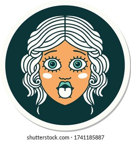 sticker of tattoo in traditional style of female face sticking out tongue