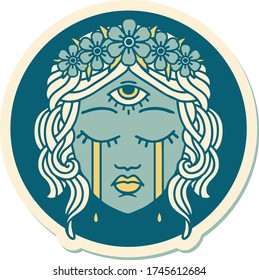 sticker of tattoo in traditional style of female face with mystic third eye crying