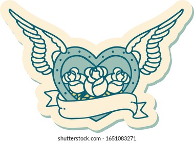 sticker of tattoo in traditional style of a flying heart with flowers and banner