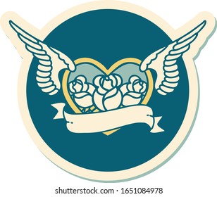 sticker of tattoo in traditional style of a flying heart with flowers and banner