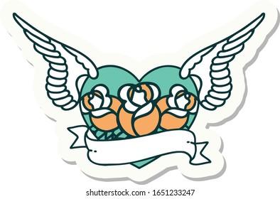 sticker of tattoo in traditional style of a flying heart with flowers and banner