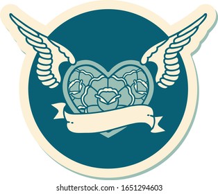 sticker of tattoo in traditional style of a flying heart with flowers and banner