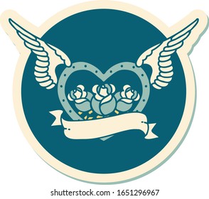 sticker of tattoo in traditional style of a flying heart with flowers and banner