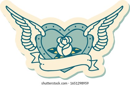 sticker of tattoo in traditional style of a flying heart with flowers and banner