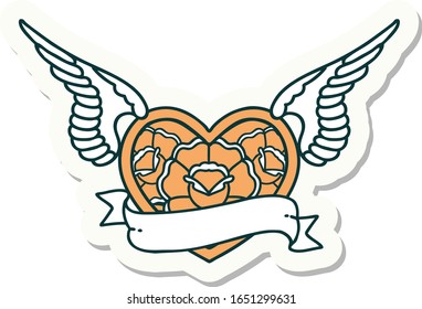 sticker of tattoo in traditional style of a flying heart with flowers and banner
