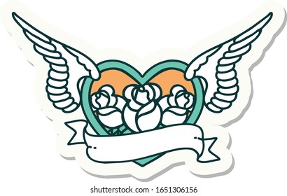adesivo de tatuagem no estilo tradicional de um coração voador com flores e banner