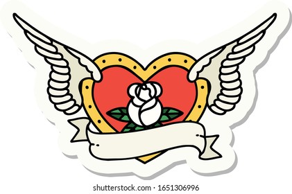 sticker of tattoo in traditional style of a flying heart with flowers and banner