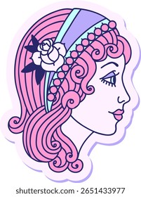 adesivo de tatuagem no estilo tradicional de uma cabeça cigana na cor neon brilhante
