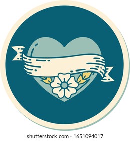 sticker of tattoo in traditional style of a heart and banner with flowers