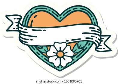 sticker of tattoo in traditional style of a heart and banner with flowers