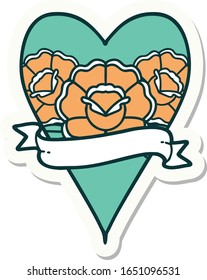 sticker of tattoo in traditional style of a heart and banner with flowers