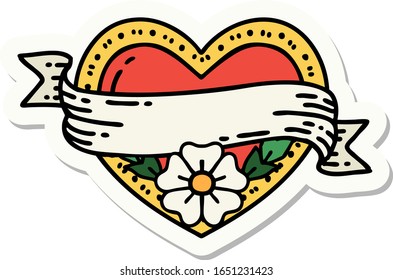 sticker of tattoo in traditional style of a heart and banner with flowers