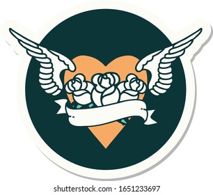 sticker of tattoo in traditional style of heart with wings flowers and banner