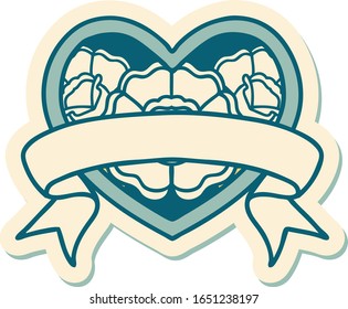 sticker of tattoo in traditional style of a heart and banner with flowers