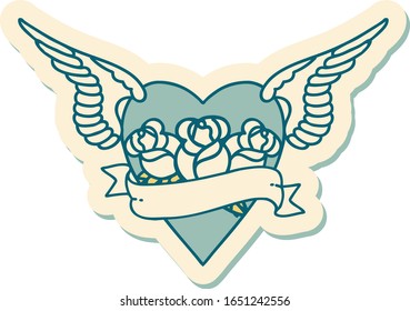 sticker of tattoo in traditional style of heart with wings flowers and banner