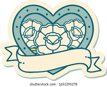 sticker of tattoo in traditional style of a heart and banner with flowers