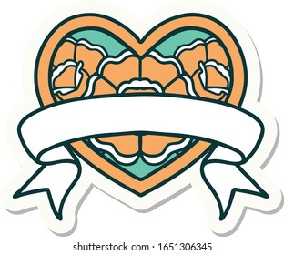 sticker of tattoo in traditional style of a heart and banner with flowers