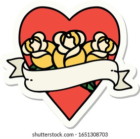 sticker of tattoo in traditional style of a heart and banner with flowers