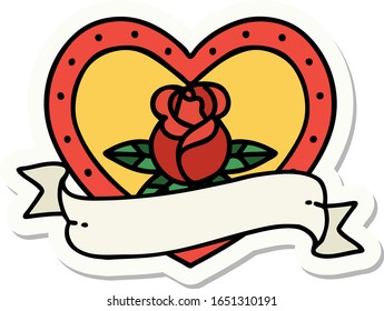 sticker of tattoo in traditional style of a heart rose and banner 