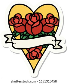 sticker of tattoo in traditional style of a heart and banner with flowers