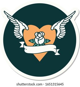 sticker of tattoo in traditional style of heart with wings a rose and banner