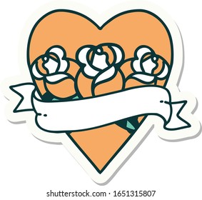 sticker of tattoo in traditional style of a heart and banner with flowers