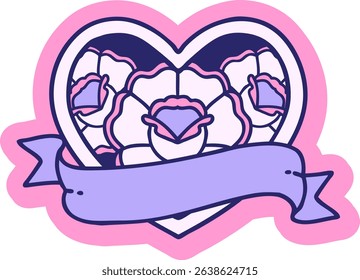 sticker of tattoo in traditional style of a heart and banner with flowers in bright neon colors