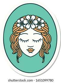 sticker of tattoo in traditional style of a maiden with eyes closed