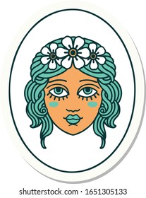 sticker of tattoo in traditional style of a maiden with flowers in her hair
