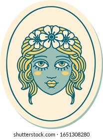 sticker of tattoo in traditional style of a maiden with flowers in her hair